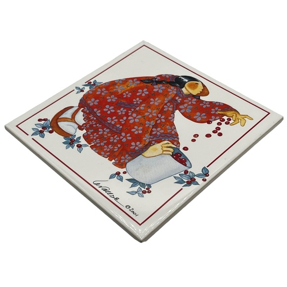 Barbara Lavallee 2001 Woman with Cherries Alaskan Native Art Wall Tile Trivet - Picture 5 of 7